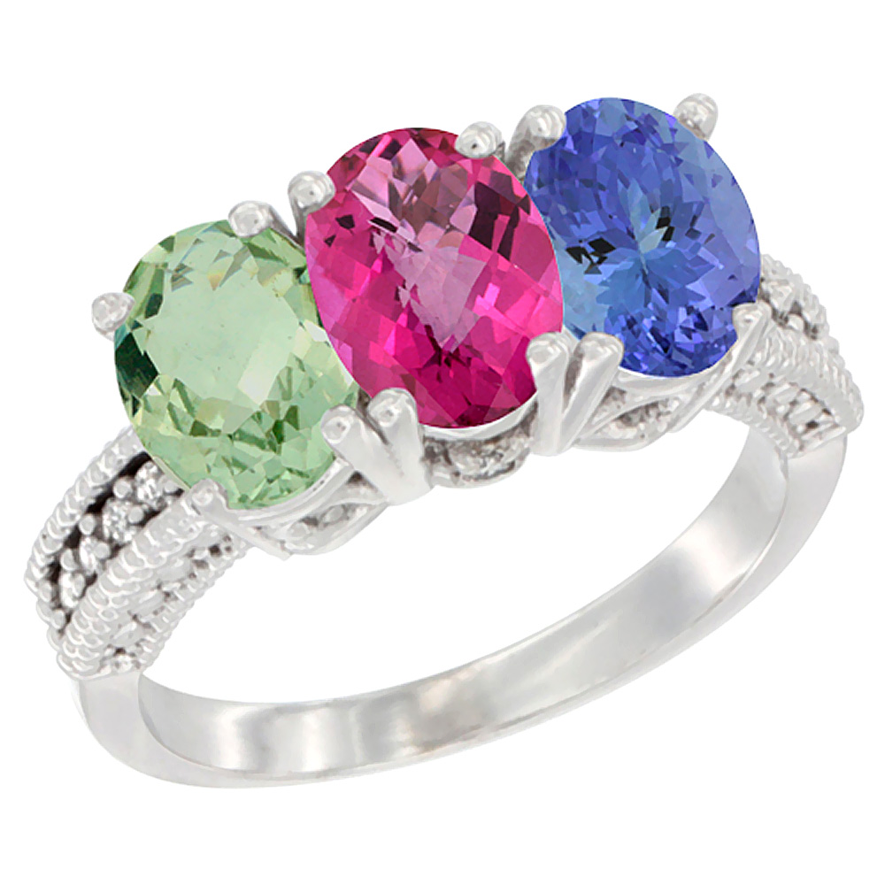 14K White Gold Natural Green Amethyst, Pink Topaz &amp; Tanzanite Ring 3-Stone 7x5 mm Oval Diamond Accent, sizes 5 - 10