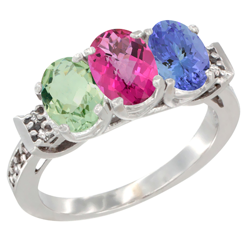 14K White Gold Natural Green Amethyst, Pink Topaz & Tanzanite Ring 3-Stone 7x5 mm Oval Diamond Accent, sizes 5 - 10