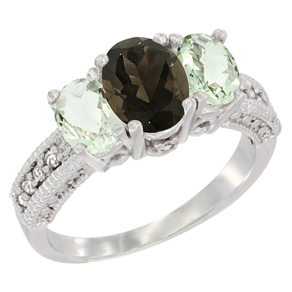 10K White Gold Diamond Natural Smoky Topaz Ring Oval 3-stone with Green Amethyst, sizes 5 - 10