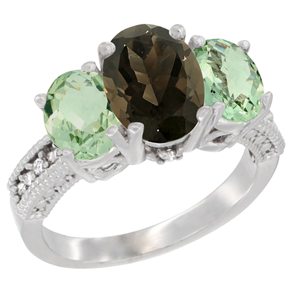 10K White Gold Diamond Natural Smoky Topaz Ring 3-Stone Oval 8x6mm with Green Amethyst, sizes5-10