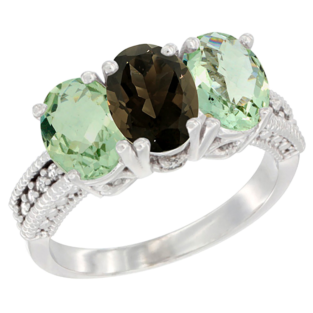 10K White Gold Natural Smoky Topaz &amp; Green Amethyst Sides Ring 3-Stone Oval 7x5 mm Diamond Accent, sizes 5 - 10