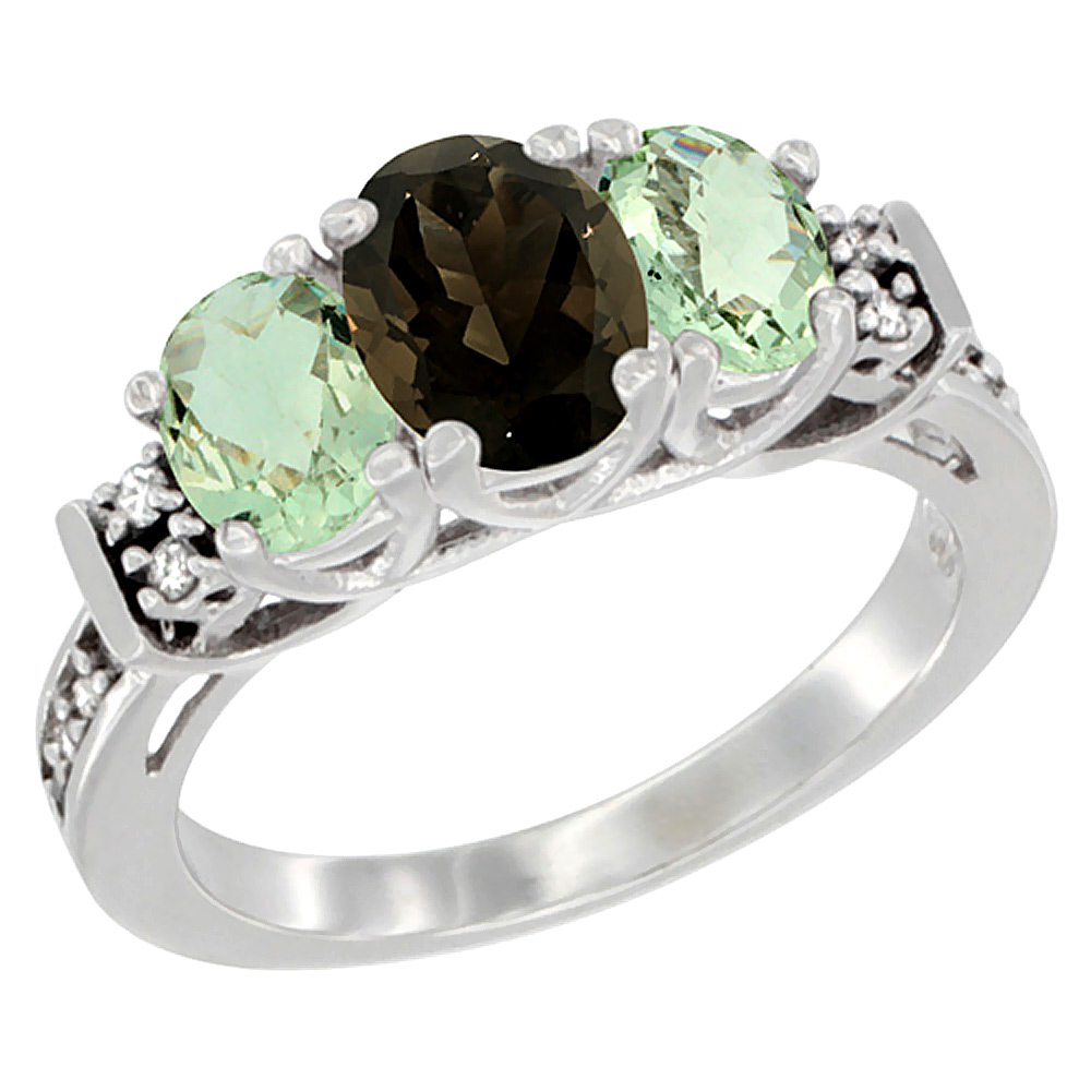 14K White Gold Natural Smoky Topaz &amp; Green Amethyst Ring 3-Stone Oval Diamond Accent, sizes 5-10