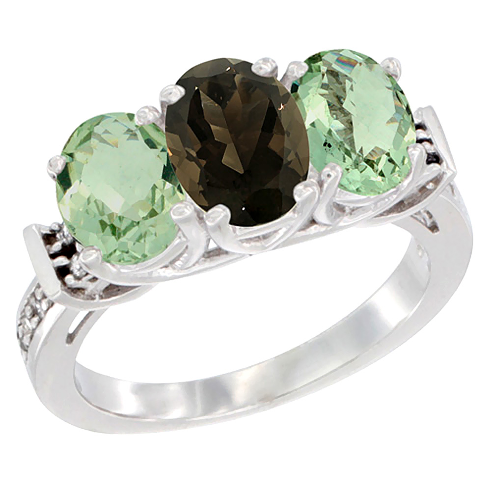 14K White Gold Natural Smoky Topaz &amp; Green Amethyst Sides Ring 3-Stone Oval Diamond Accent, sizes 5 - 10