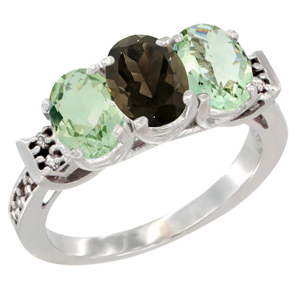 10K White Gold Natural Smoky Topaz &amp; Green Amethyst Sides Ring 3-Stone Oval 7x5 mm Diamond Accent, sizes 5 - 10