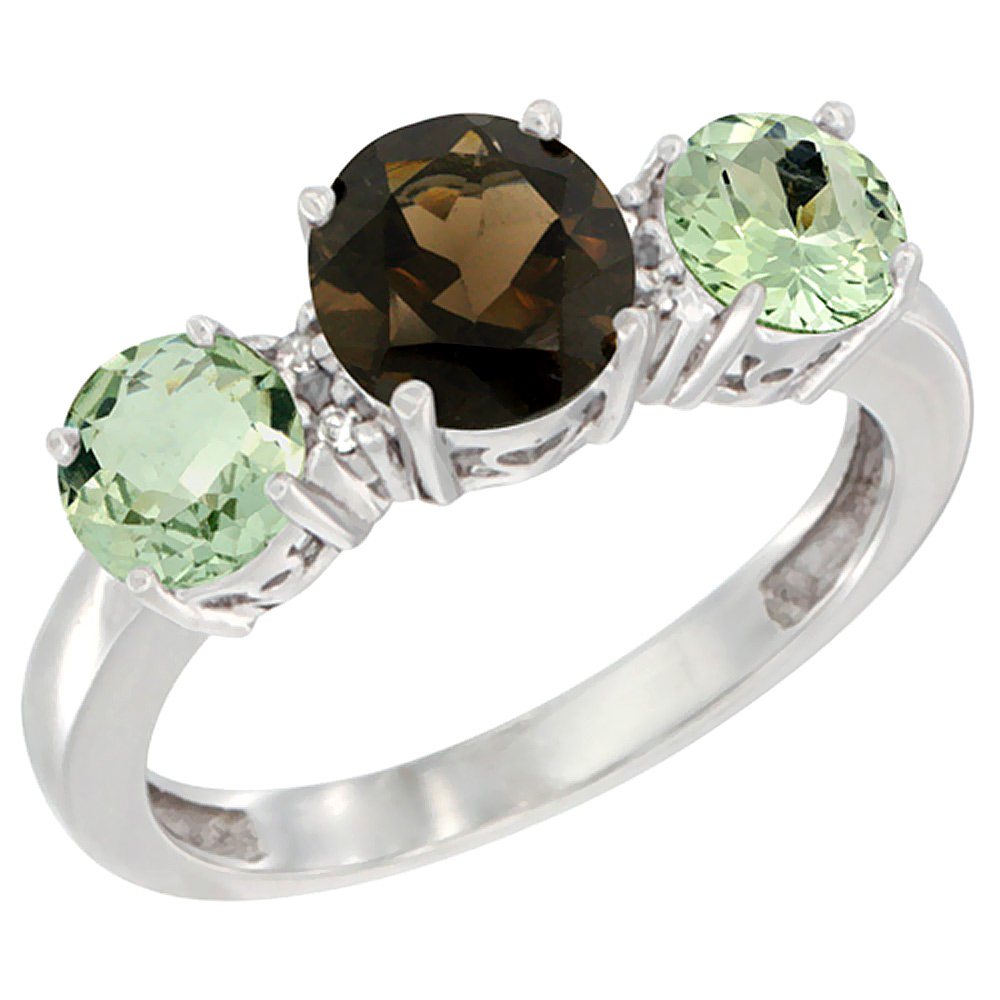 10K White Gold Round 3-Stone Natural Smoky Topaz Ring & Green Amethyst Sides Diamond Accent, sizes 5 - 10
