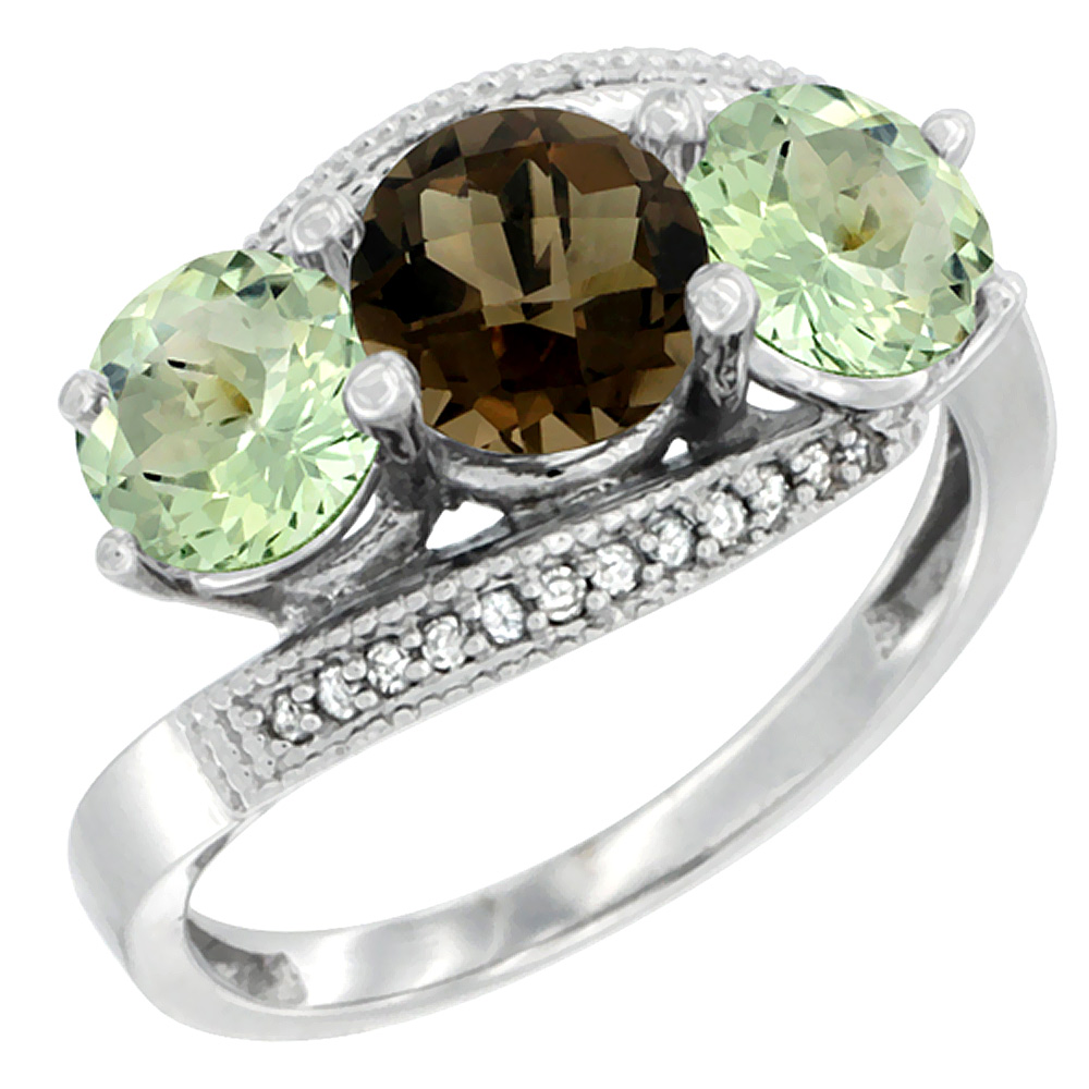14K White Gold Natural Smoky Topaz &amp; Green Amethyst Sides 3 stone Ring Round 6mm Diamond Accent, sizes 5 - 10