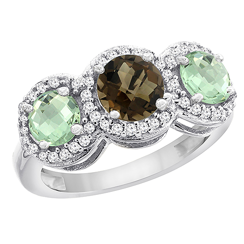 14K White Gold Natural Smoky Topaz & Green Amethyst Sides Round 3-stone Ring Diamond Accents, sizes 5 - 10