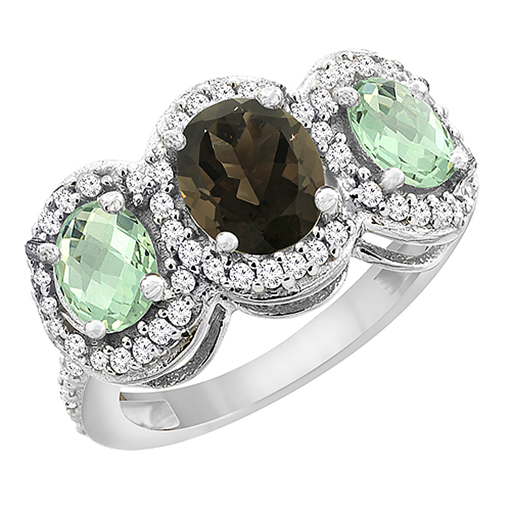 14K White Gold Natural Smoky Topaz &amp; Green Amethyst 3-Stone Ring Oval Diamond Accent, sizes 5 - 10