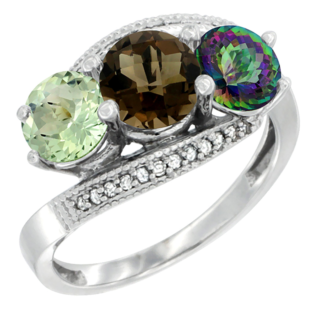 10K White Gold Natural Green Amethyst, Smoky & Mystic Topaz 3 stone Ring Round 6mm Diamond Accent, sizes 5 - 10