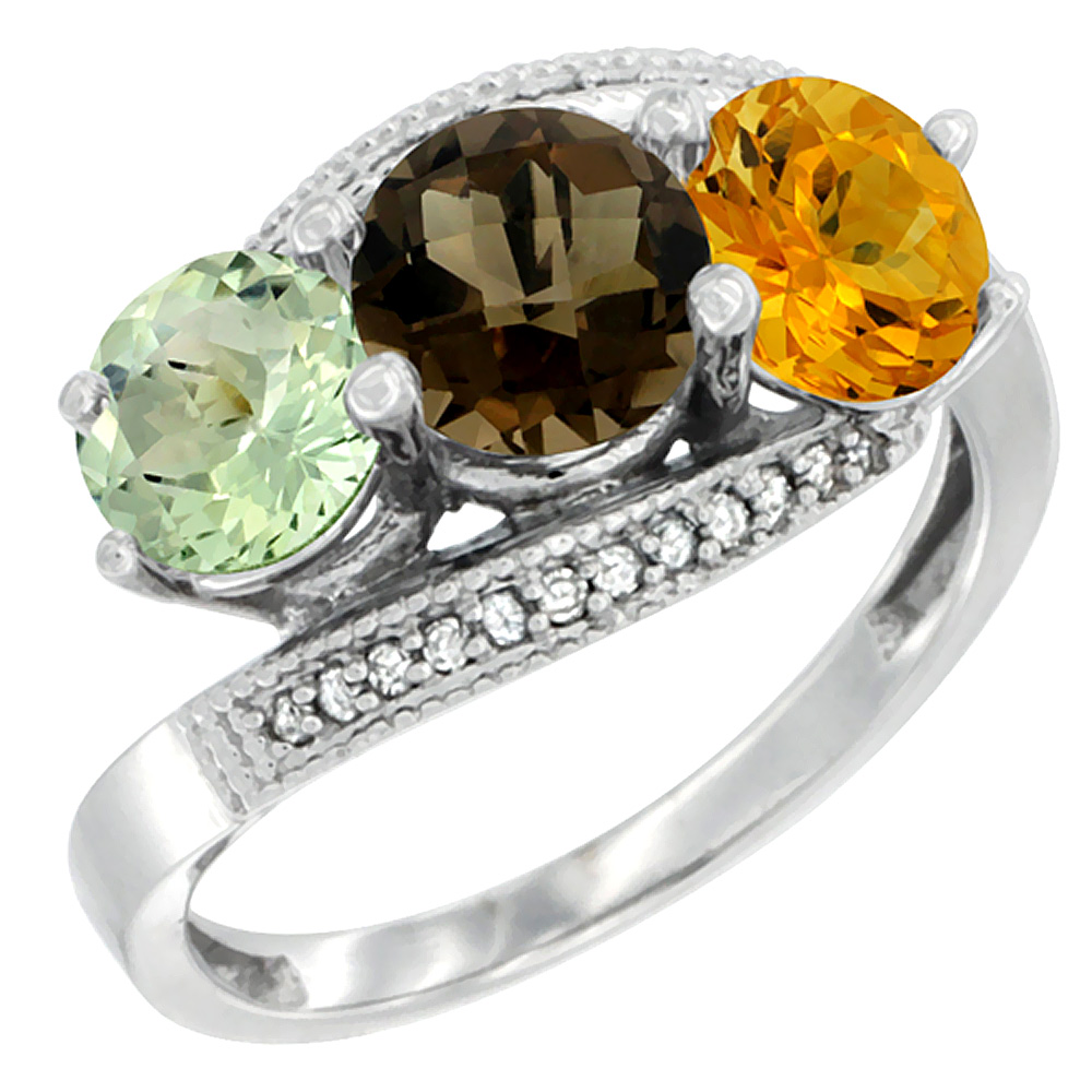 10K White Gold Natural Green Amethyst, Smoky Topaz &amp; Citrine 3 stone Ring Round 6mm Diamond Accent, sizes 5 - 10