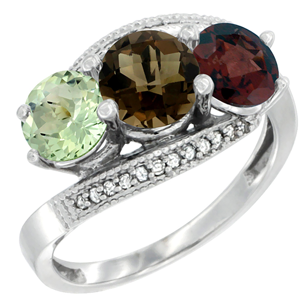 10K White Gold Natural Green Amethyst, Smoky Topaz &amp; Garnet 3 stone Ring Round 6mm Diamond Accent, sizes 5 - 10