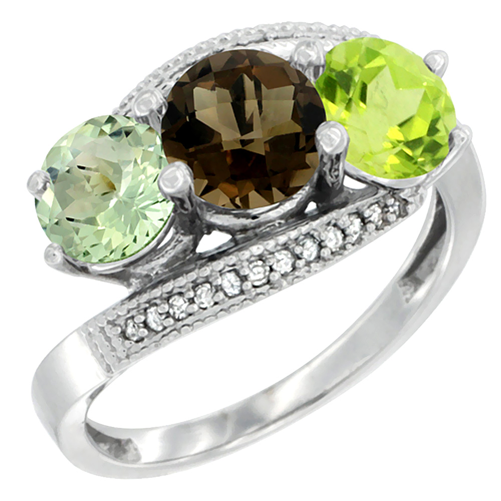 10K White Gold Natural Green Amethyst, Smoky Topaz &amp; Peridot 3 stone Ring Round 6mm Diamond Accent, sizes 5 - 10