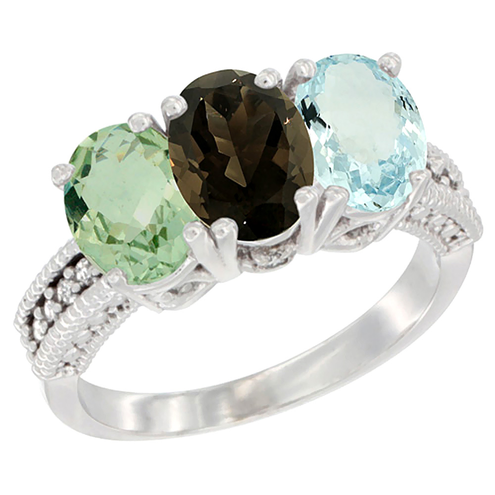 14K White Gold Natural Green Amethyst, Smoky Topaz & Aquamarine Ring 3-Stone 7x5 mm Oval Diamond Accent, sizes 5 - 10