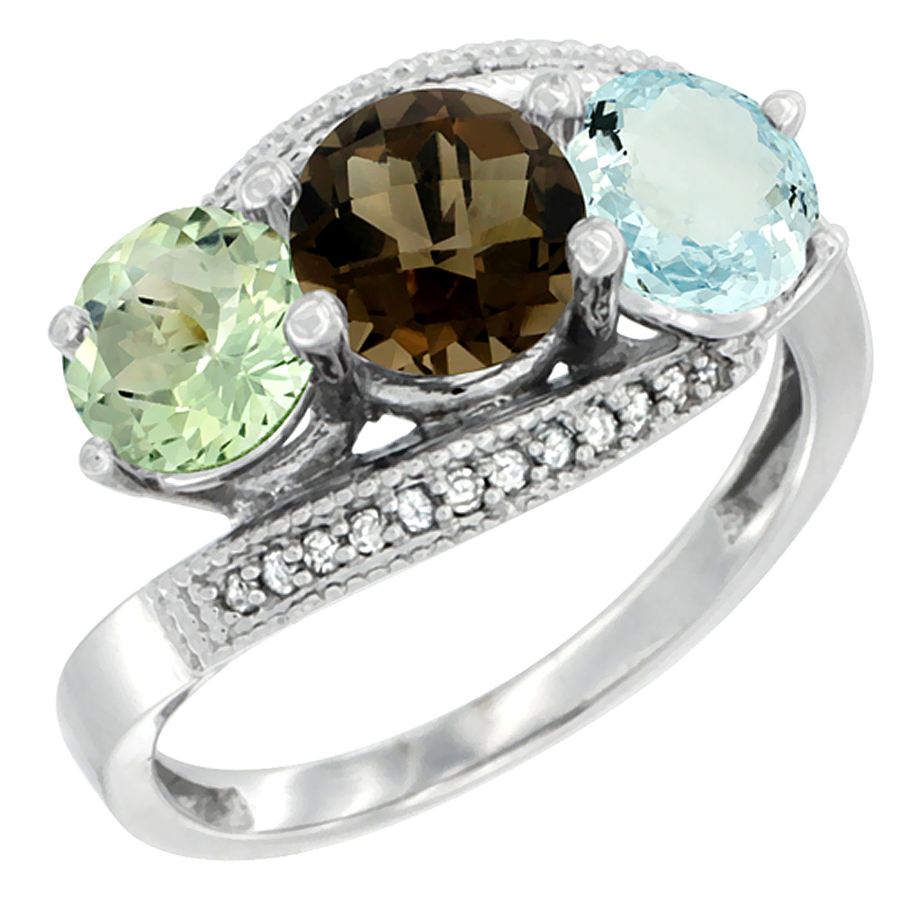 10K White Gold Natural Green Amethyst, Smoky Topaz &amp; Aquamarine 3 stone Ring Round 6mm Diamond Accent, sizes 5 - 10