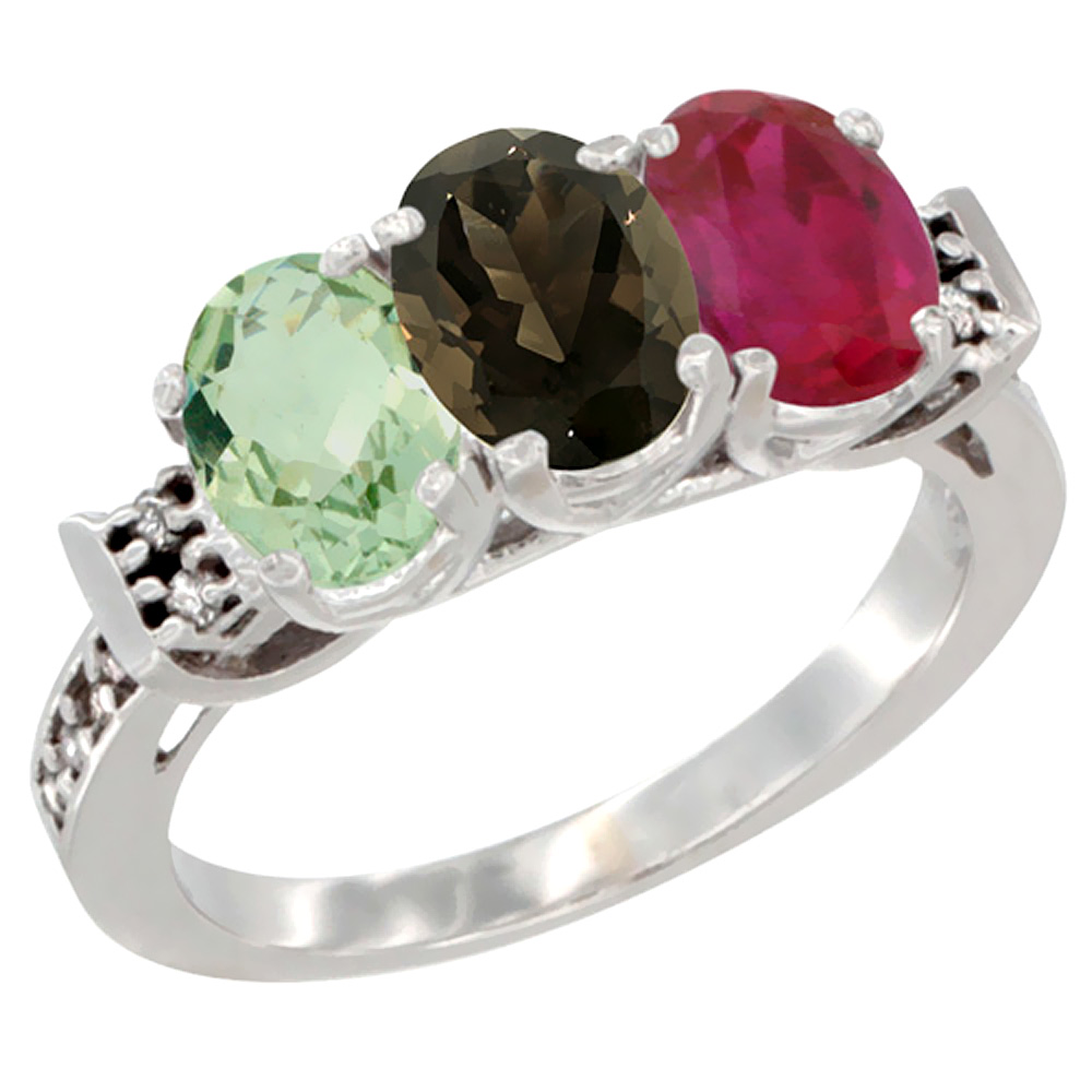 10K White Gold Natural Green Amethyst, Smoky Topaz &amp; Enhanced Ruby Ring 3-Stone Oval 7x5 mm Diamond Accent, sizes 5 - 10