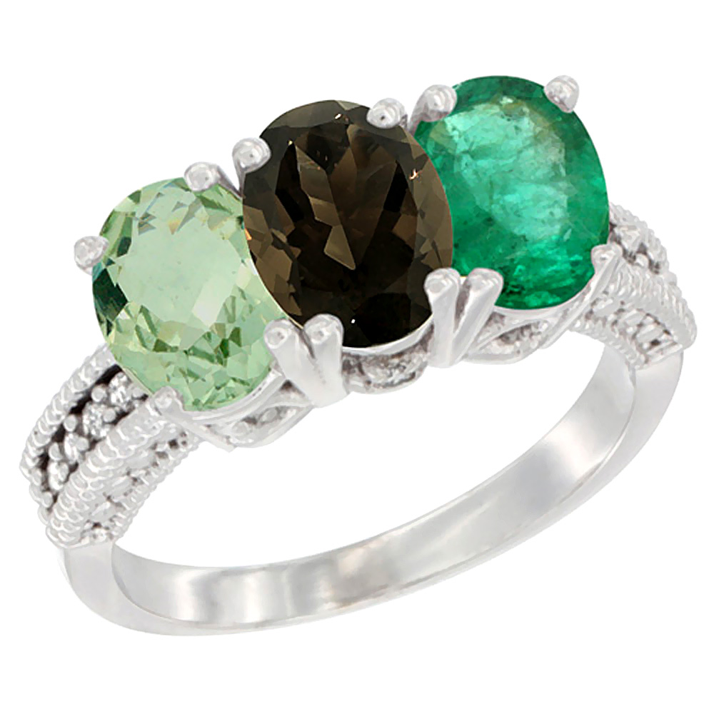 10K White Gold Natural Green Amethyst, Smoky Topaz &amp; Emerald Ring 3-Stone Oval 7x5 mm Diamond Accent, sizes 5 - 10