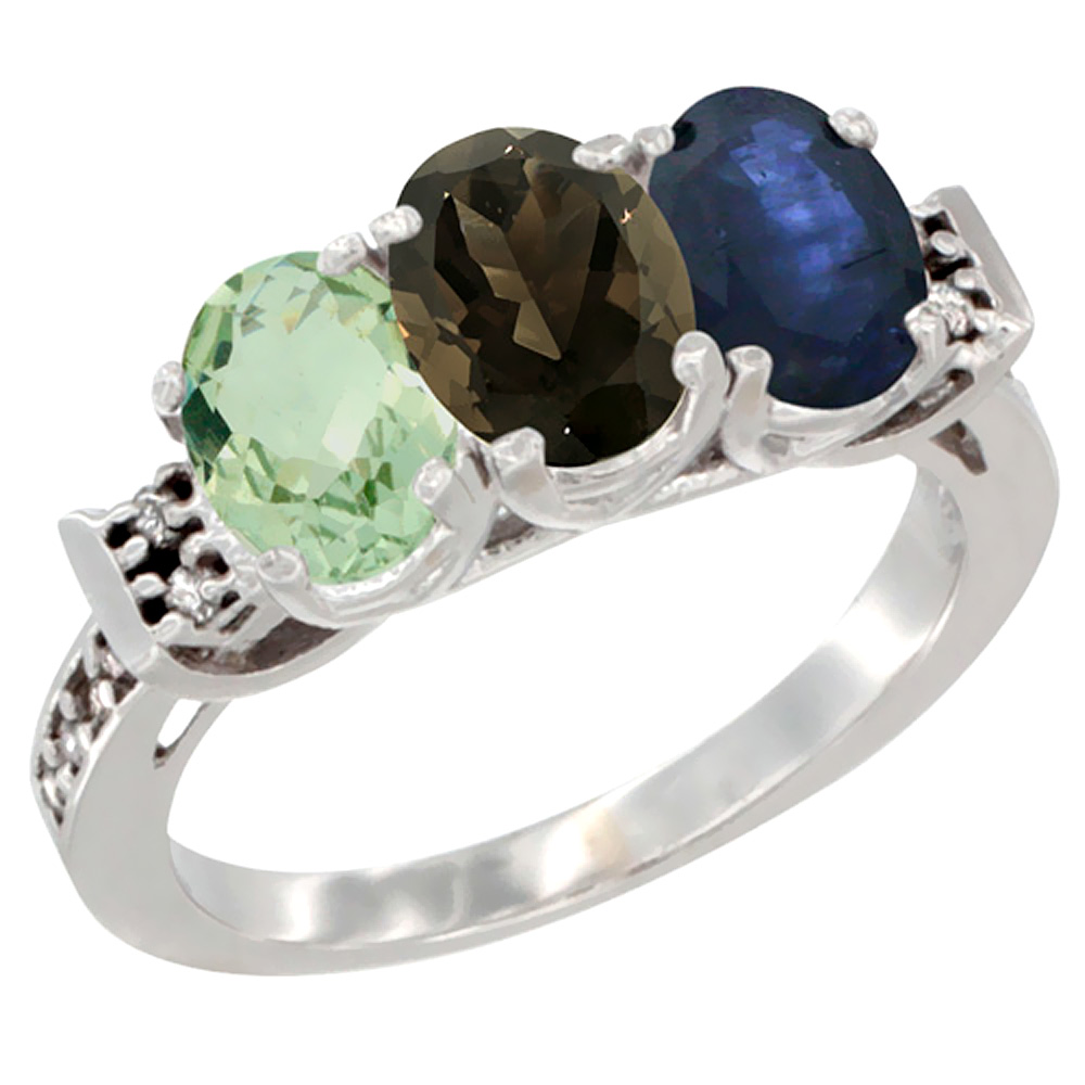 10K White Gold Natural Green Amethyst, Smoky Topaz &amp; Blue Sapphire Ring 3-Stone Oval 7x5 mm Diamond Accent, sizes 5 - 10
