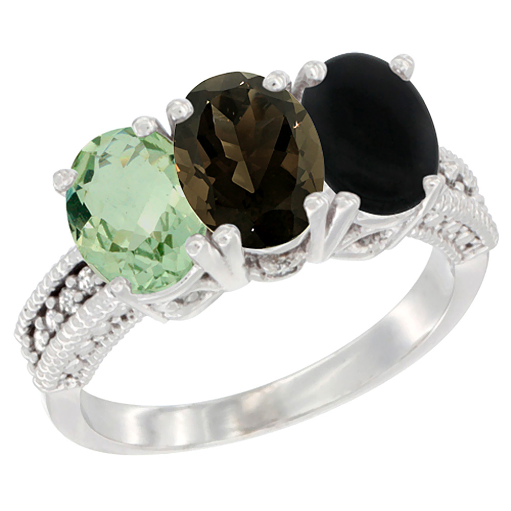 10K White Gold Natural Green Amethyst, Smoky Topaz &amp; Black Onyx Ring 3-Stone Oval 7x5 mm Diamond Accent, sizes 5 - 10