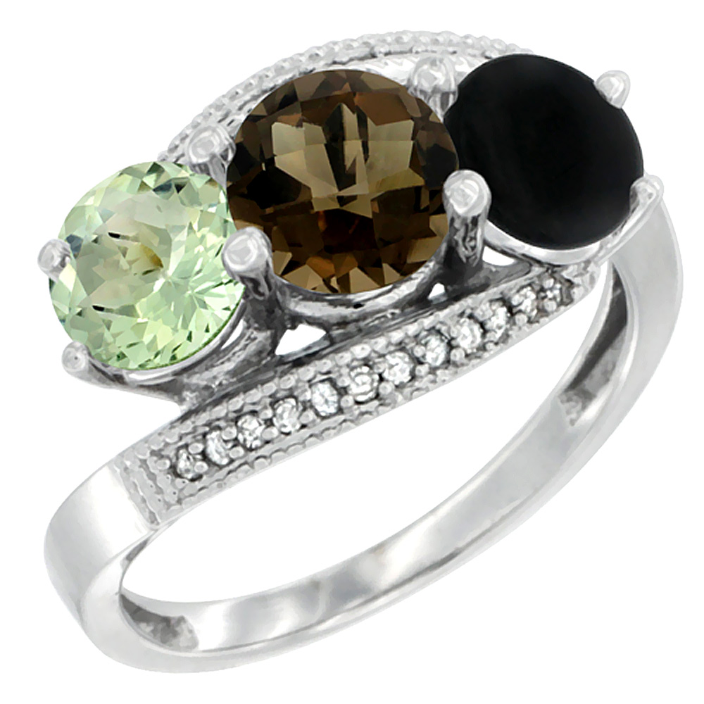 10K White Gold Natural Green Amethyst, Smoky Topaz &amp; Black Onyx 3 stone Ring Round 6mm Diamond Accent, sizes 5 - 10