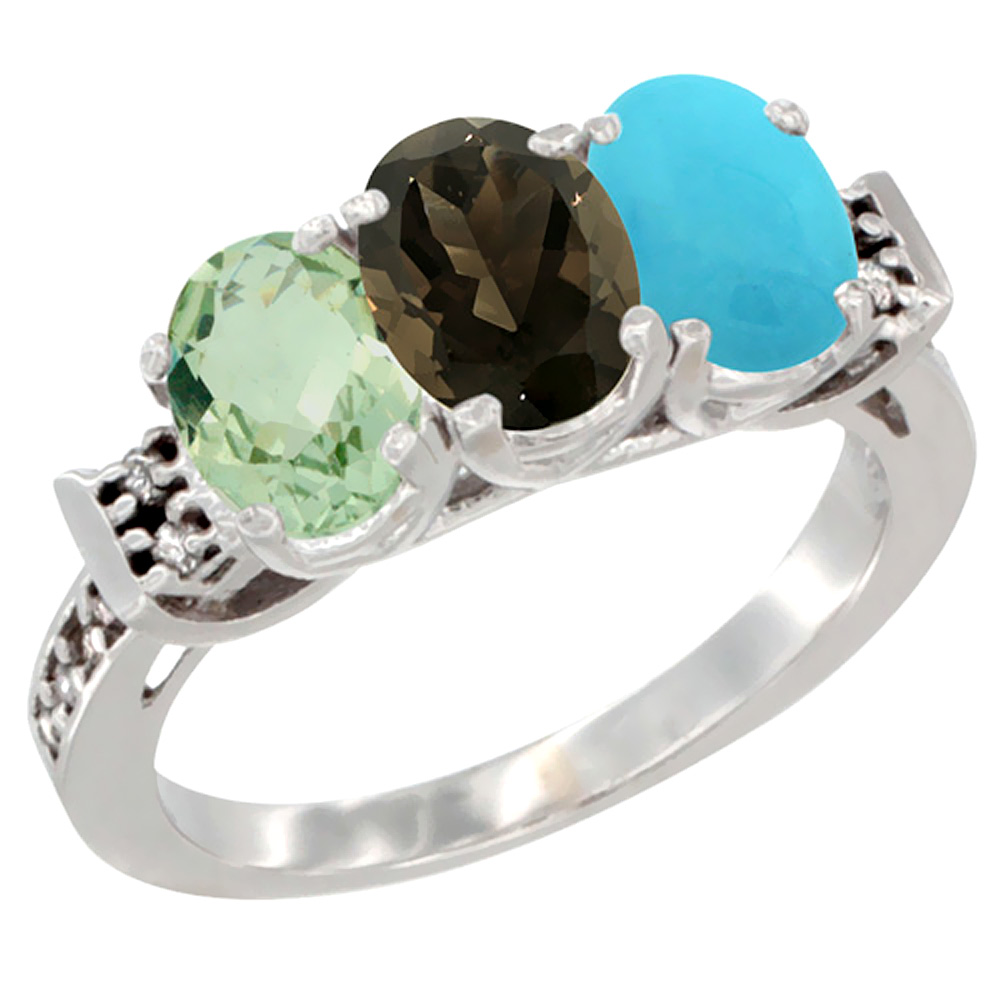 10K White Gold Natural Green Amethyst, Smoky Topaz &amp; Turquoise Ring 3-Stone Oval 7x5 mm Diamond Accent, sizes 5 - 10