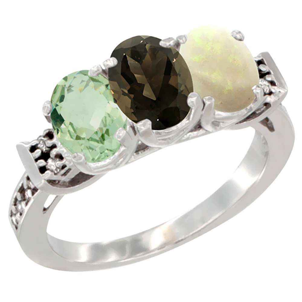 10K White Gold Natural Green Amethyst, Smoky Topaz &amp; Opal Ring 3-Stone Oval 7x5 mm Diamond Accent, sizes 5 - 10