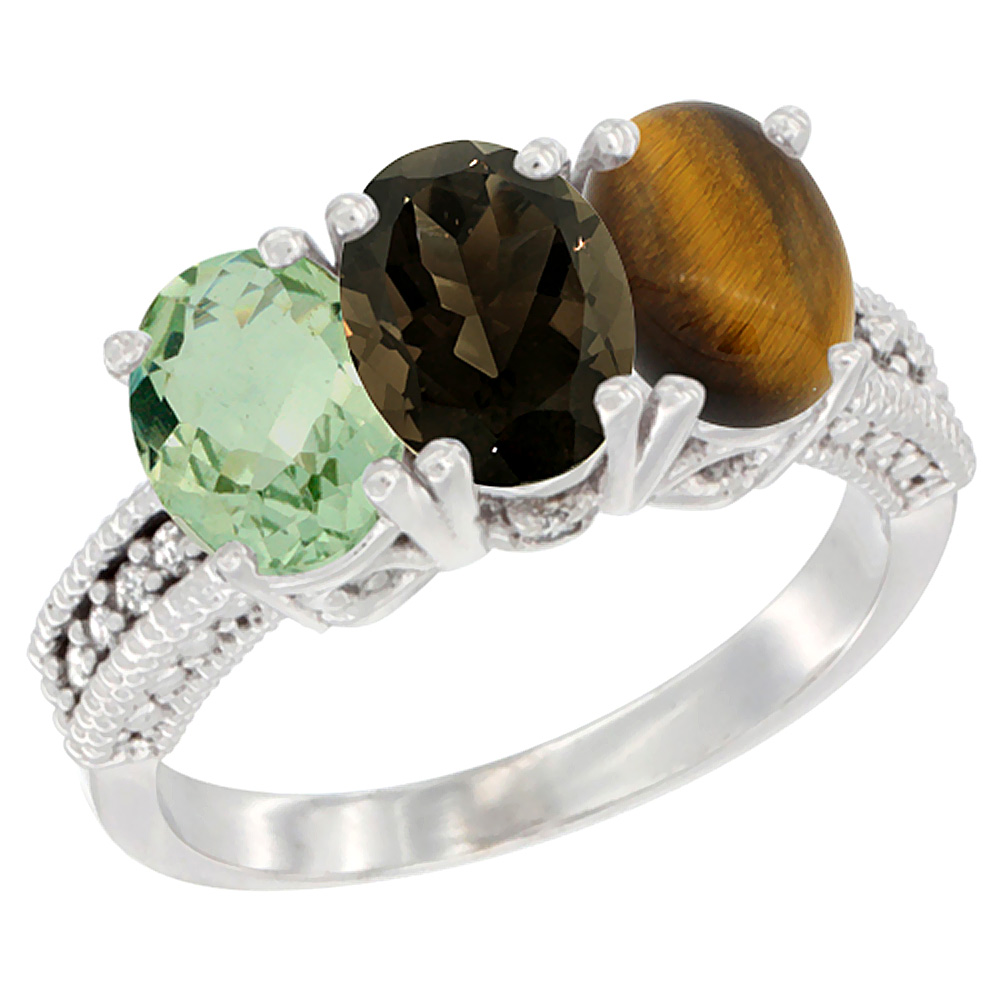 10K White Gold Natural Green Amethyst, Smoky Topaz &amp; Tiger Eye Ring 3-Stone Oval 7x5 mm Diamond Accent, sizes 5 - 10