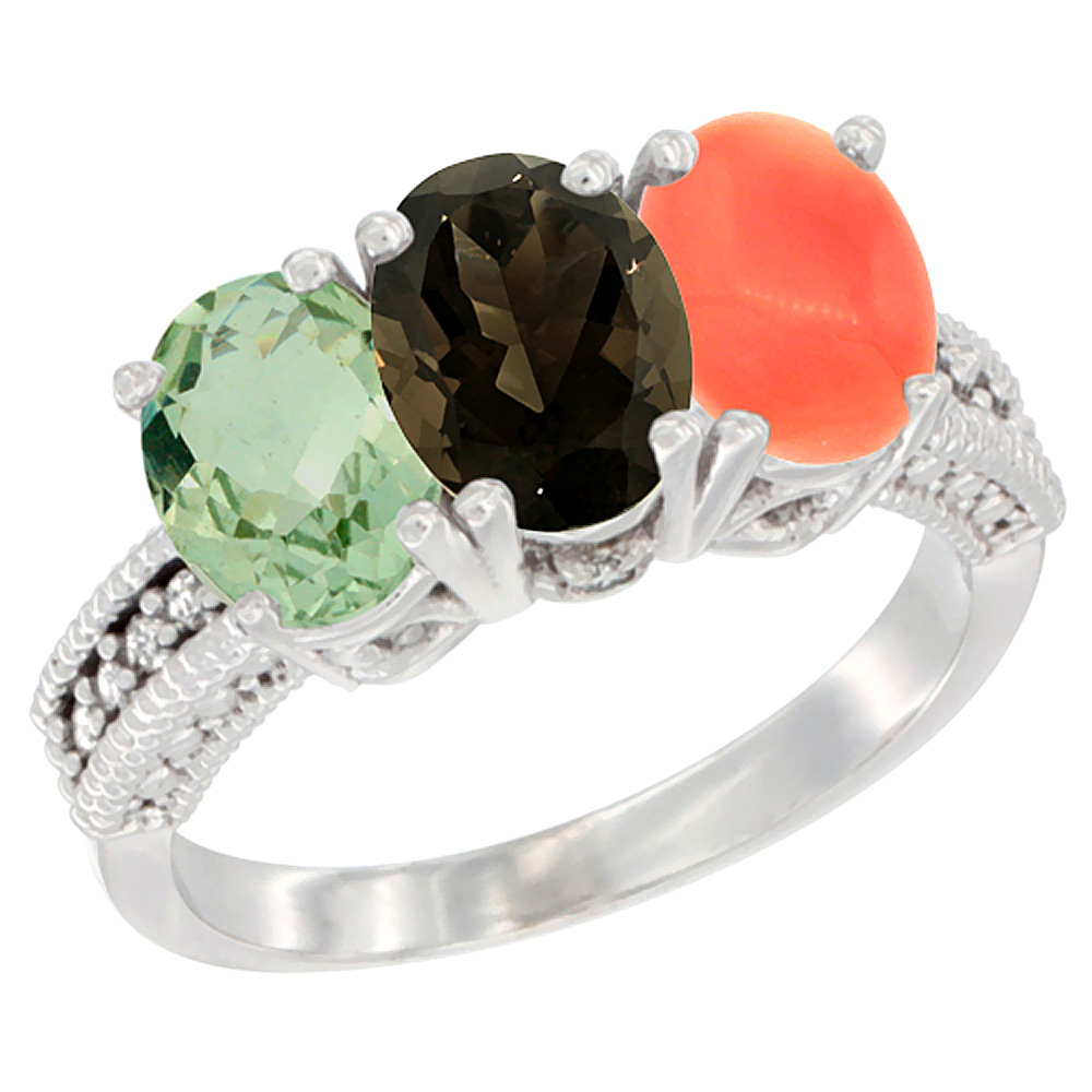 14K White Gold Natural Green Amethyst, Smoky Topaz &amp; Coral Ring 3-Stone 7x5 mm Oval Diamond Accent, sizes 5 - 10