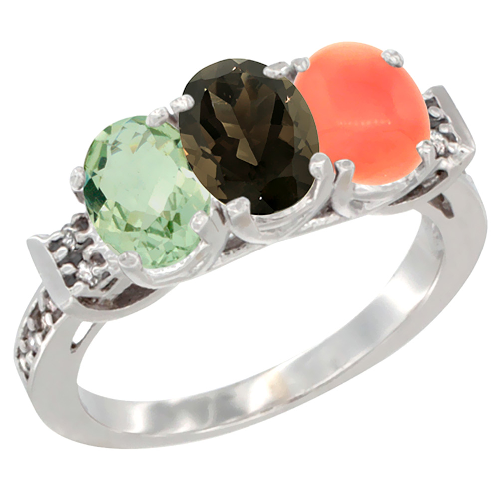 14K White Gold Natural Green Amethyst, Smoky Topaz & Coral Ring 3-Stone 7x5 mm Oval Diamond Accent, sizes 5 - 10