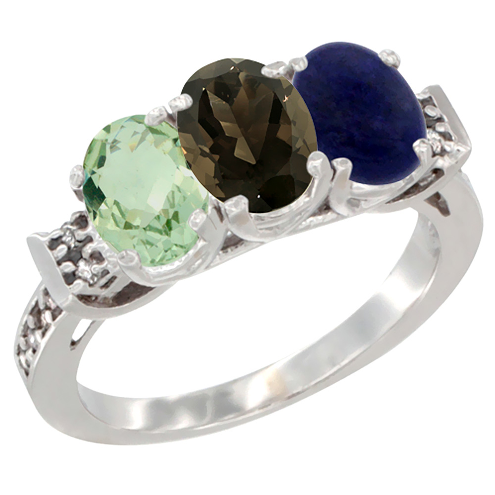 10K White Gold Natural Green Amethyst, Smoky Topaz &amp; Lapis Ring 3-Stone Oval 7x5 mm Diamond Accent, sizes 5 - 10