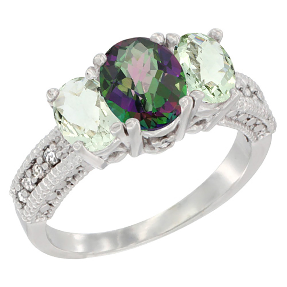 10K White Gold Diamond Natural Mystic Topaz Ring Oval 3-stone with Green Amethyst, sizes 5 - 10