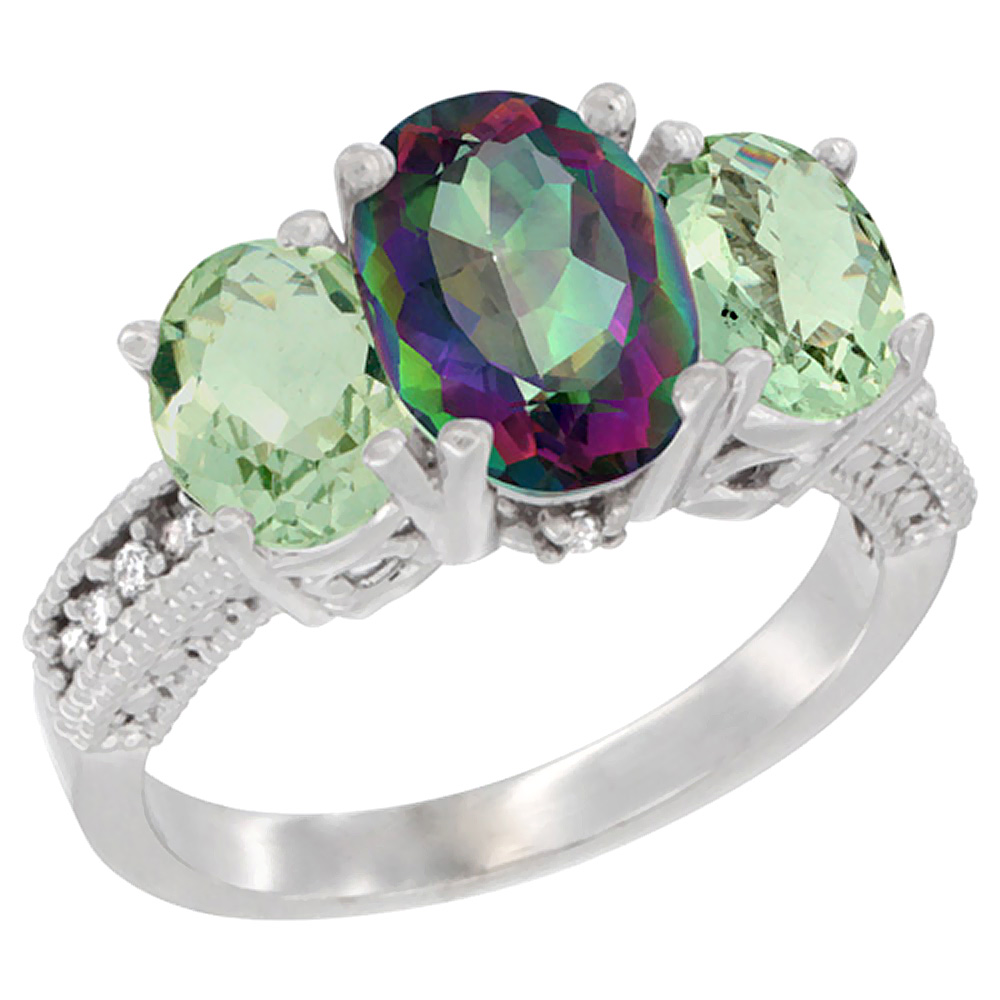 10K White Gold Diamond Natural Mystic Topaz Ring 3-Stone Oval 8x6mm with Green Amethyst, sizes5-10