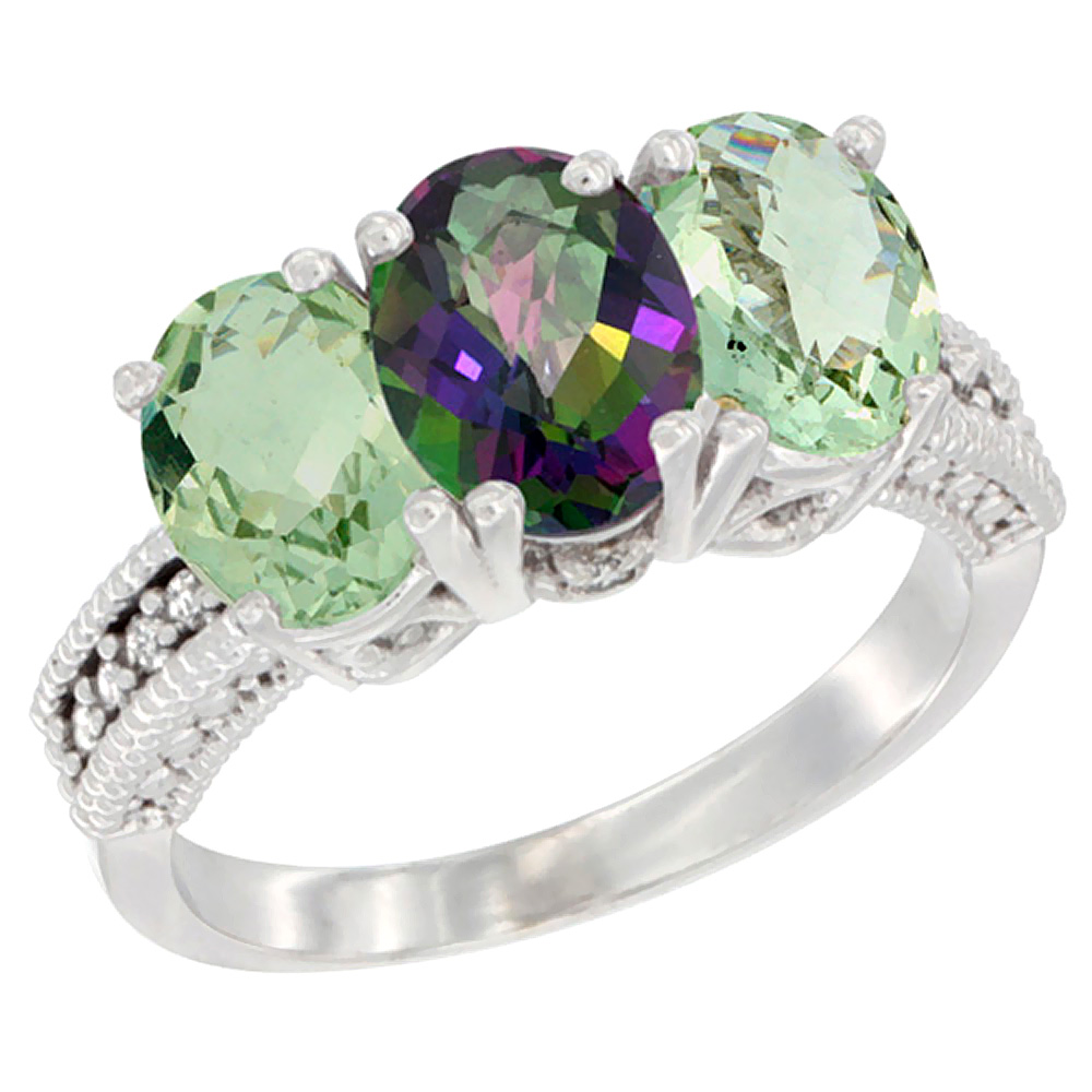14K White Gold Natural Mystic Topaz &amp; Green Amethyst Ring 3-Stone 7x5 mm Oval Diamond Accent, sizes 5 - 10