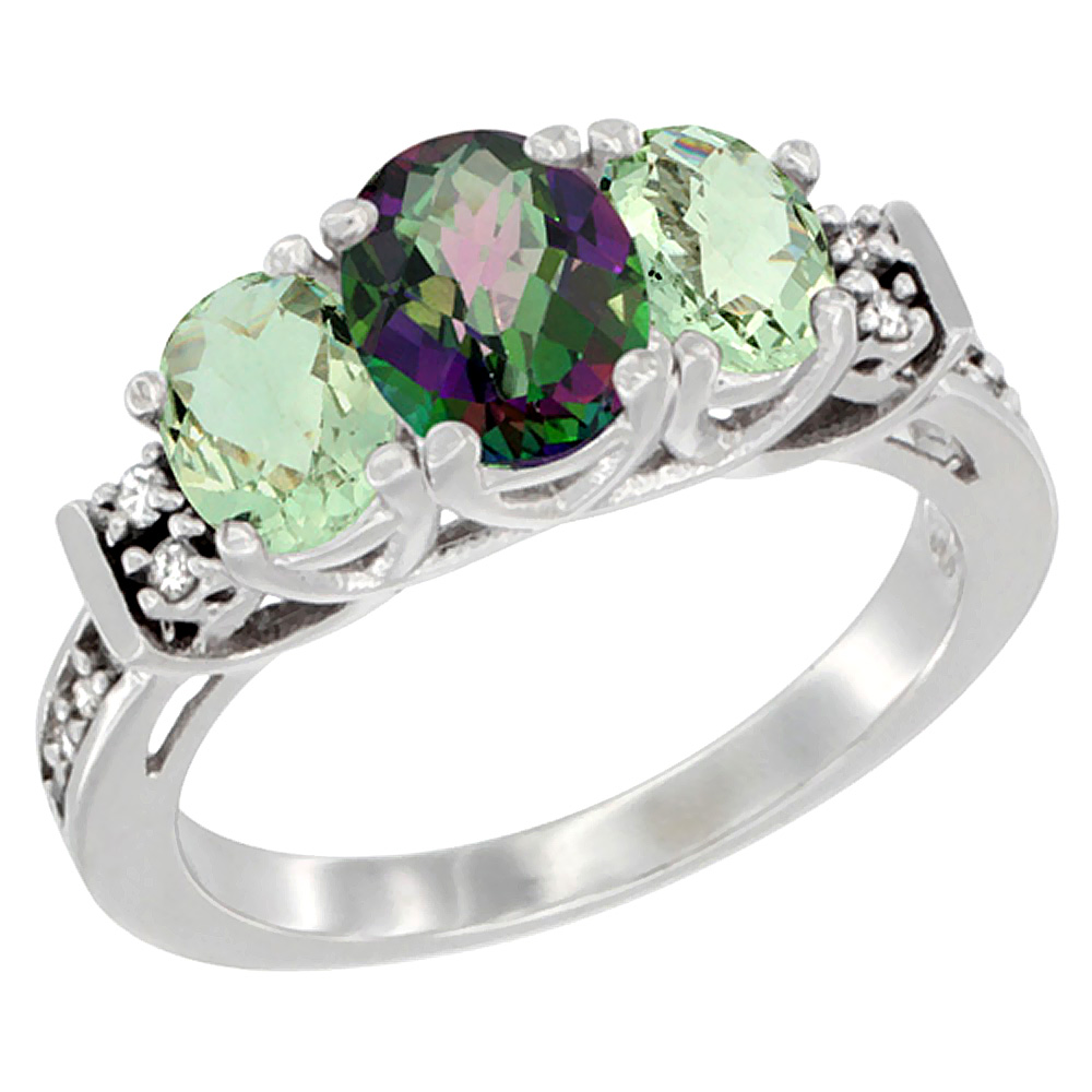 14K White Gold Natural Mystic Topaz &amp; Green Amethyst Ring 3-Stone Oval Diamond Accent, sizes 5-10