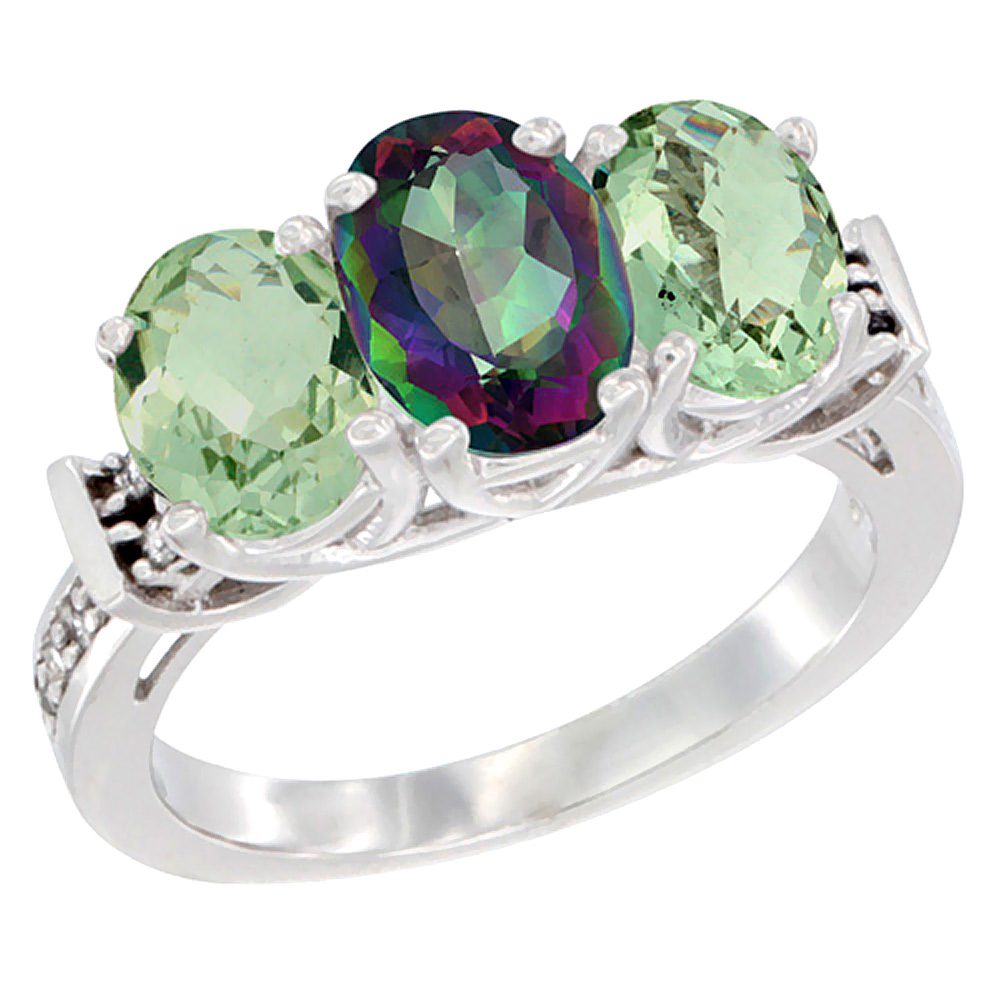 14K White Gold Natural Mystic Topaz &amp; Green Amethyst Sides Ring 3-Stone Oval Diamond Accent, sizes 5 - 10