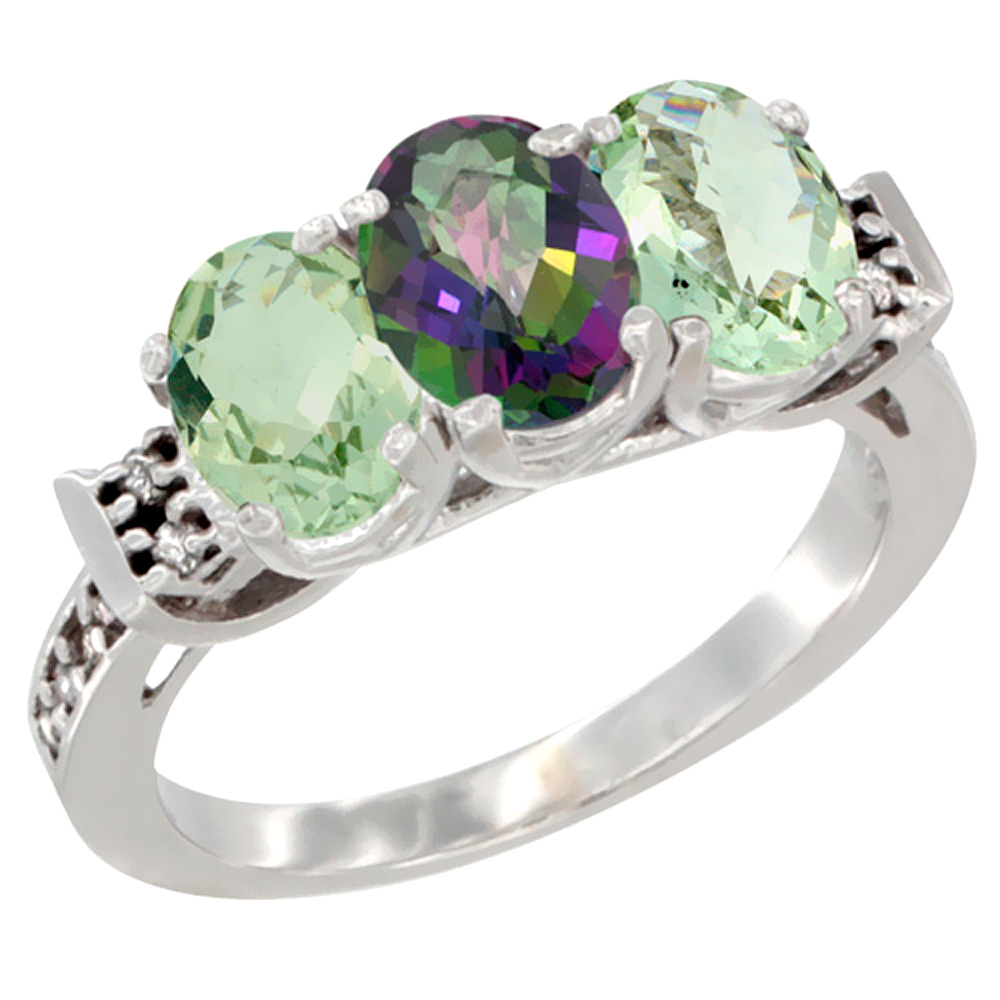 10K White Gold Natural Mystic Topaz &amp; Green Amethyst Sides Ring 3-Stone Oval 7x5 mm Diamond Accent, sizes 5 - 10