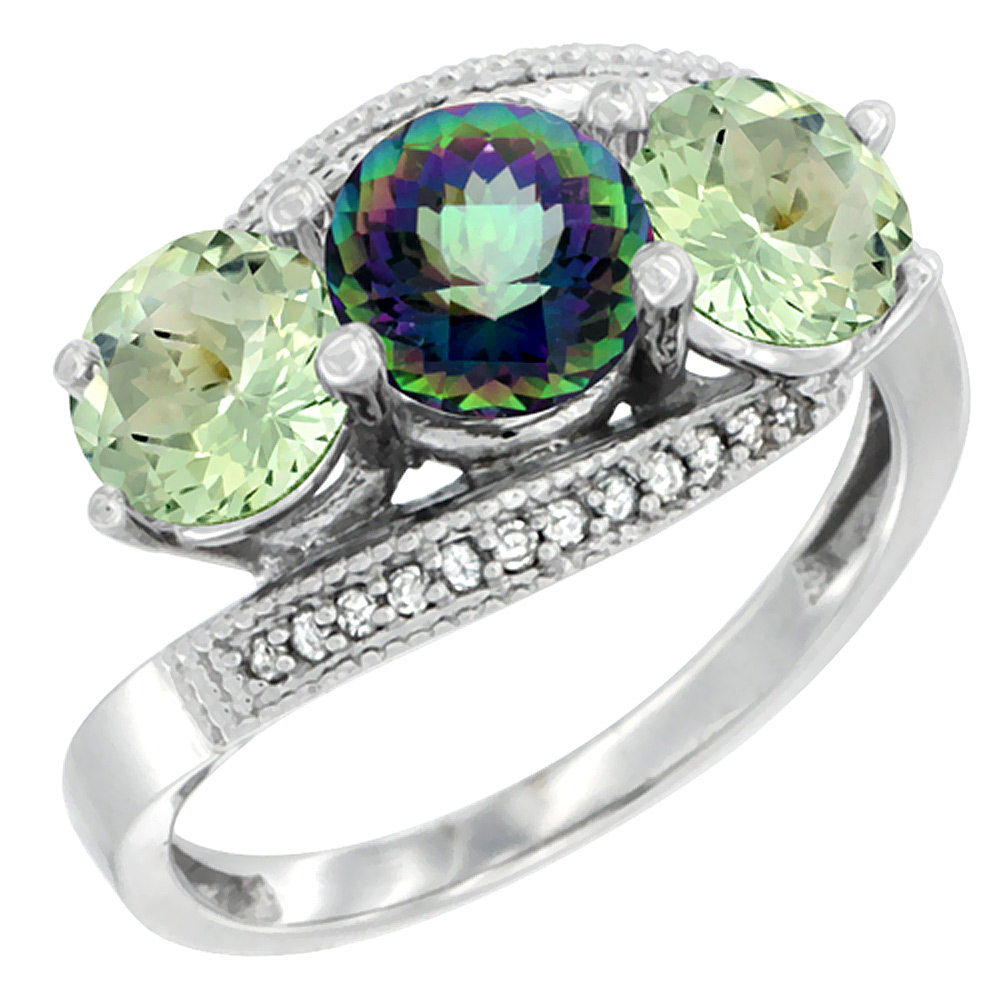 10K White Gold Natural Mystic Topaz &amp; Green Amethyst Sides 3 stone Ring Round 6mm Diamond Accent, sizes 5 - 10