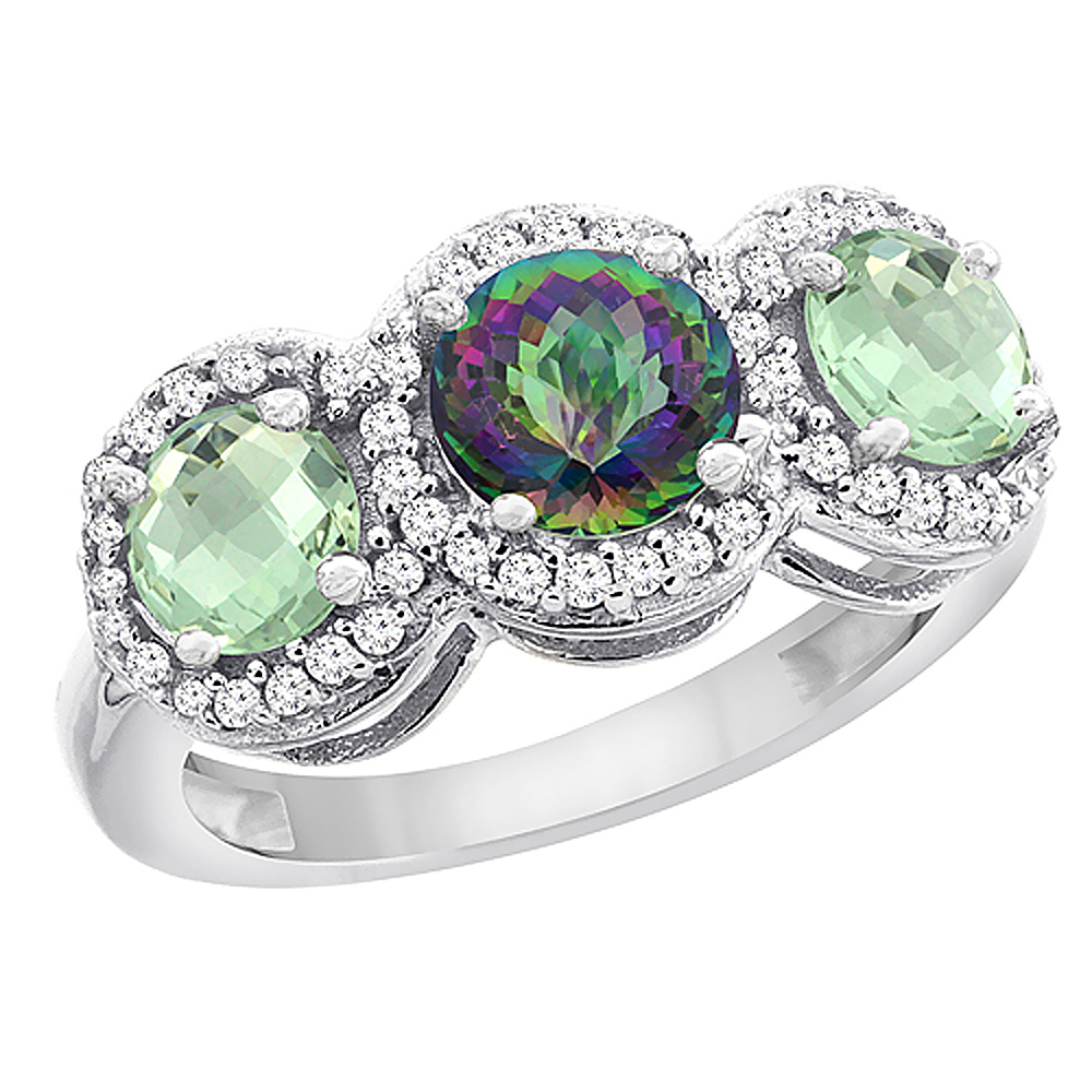10K White Gold Natural Mystic Topaz &amp; Green Amethyst Sides Round 3-stone Ring Diamond Accents, sizes 5 - 10