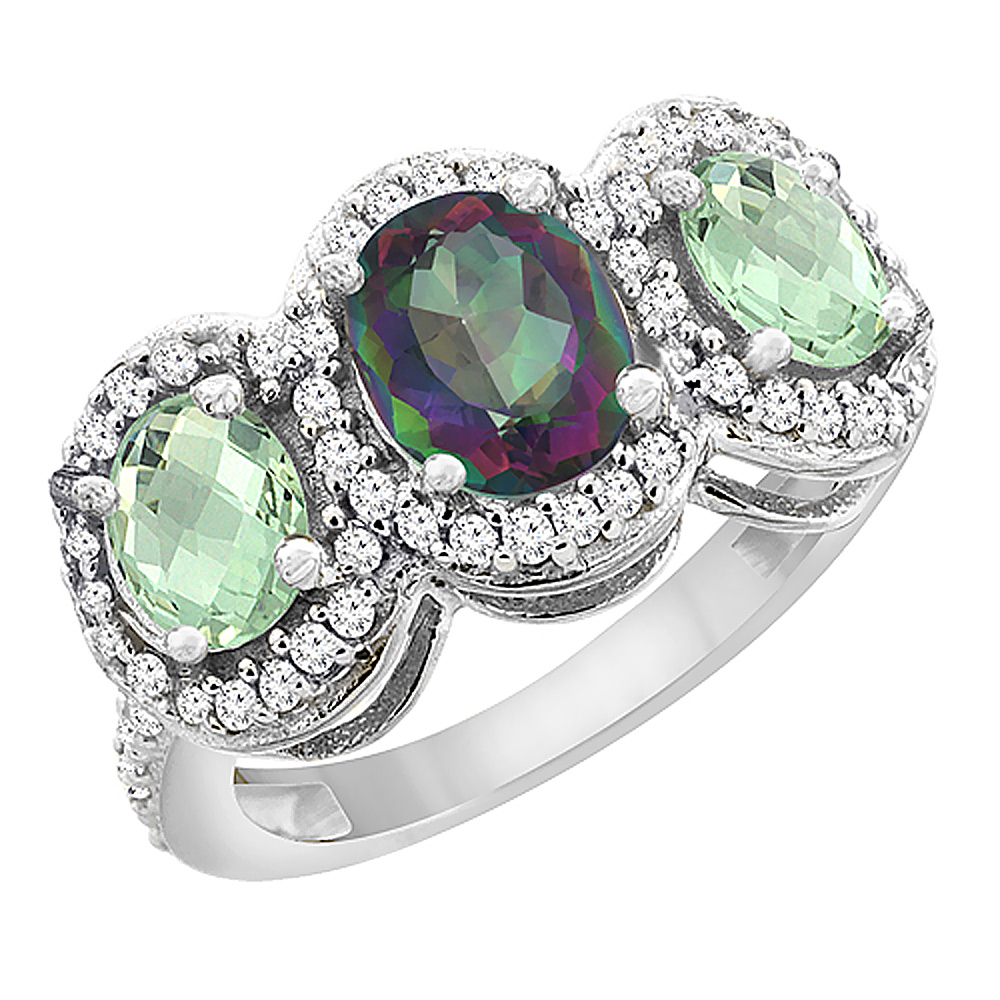 14K White Gold Natural Mystic Topaz &amp; Green Amethyst 3-Stone Ring Oval Diamond Accent, sizes 5 - 10