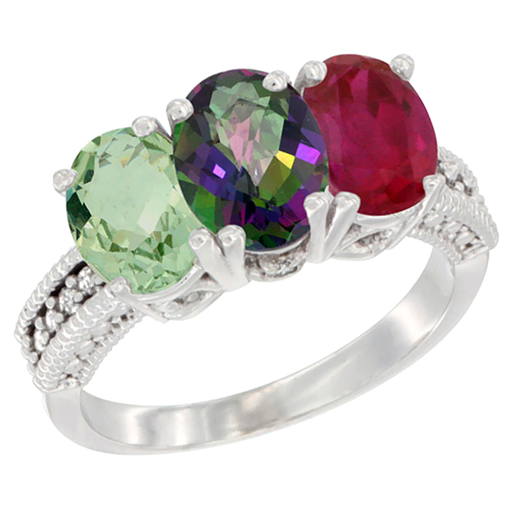 10K White Gold Natural Green Amethyst, Mystic Topaz &amp; Enhanced Ruby Ring 3-Stone Oval 7x5 mm Diamond Accent, sizes 5 - 10