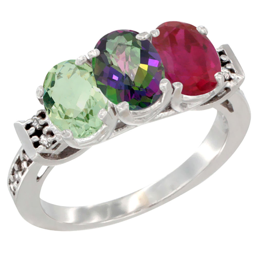 10K White Gold Natural Green Amethyst, Mystic Topaz &amp; Enhanced Ruby Ring 3-Stone Oval 7x5 mm Diamond Accent, sizes 5 - 10
