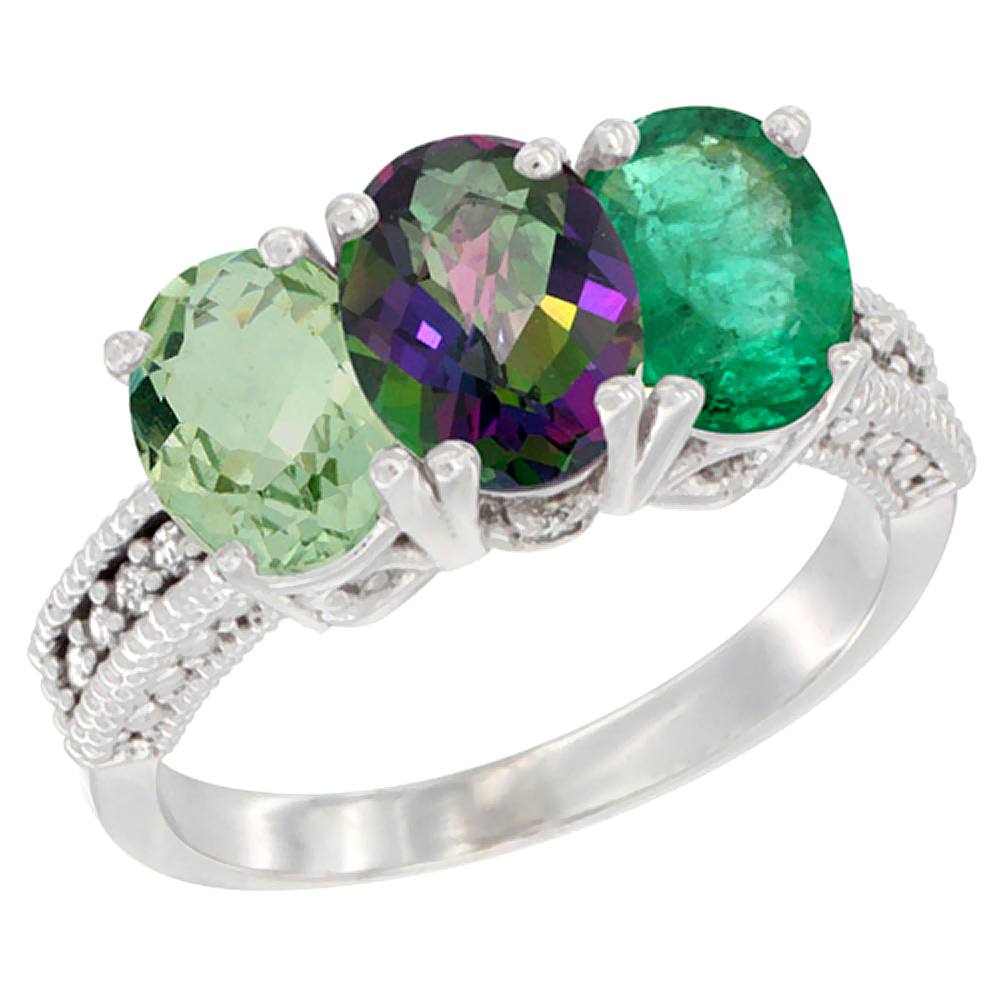 10K White Gold Natural Green Amethyst, Mystic Topaz &amp; Emerald Ring 3-Stone Oval 7x5 mm Diamond Accent, sizes 5 - 10