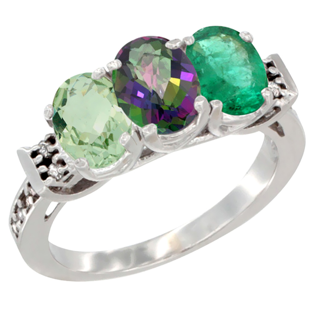 14K White Gold Natural Green Amethyst, Mystic Topaz & Emerald Ring 3-Stone 7x5 mm Oval Diamond Accent, sizes 5 - 10