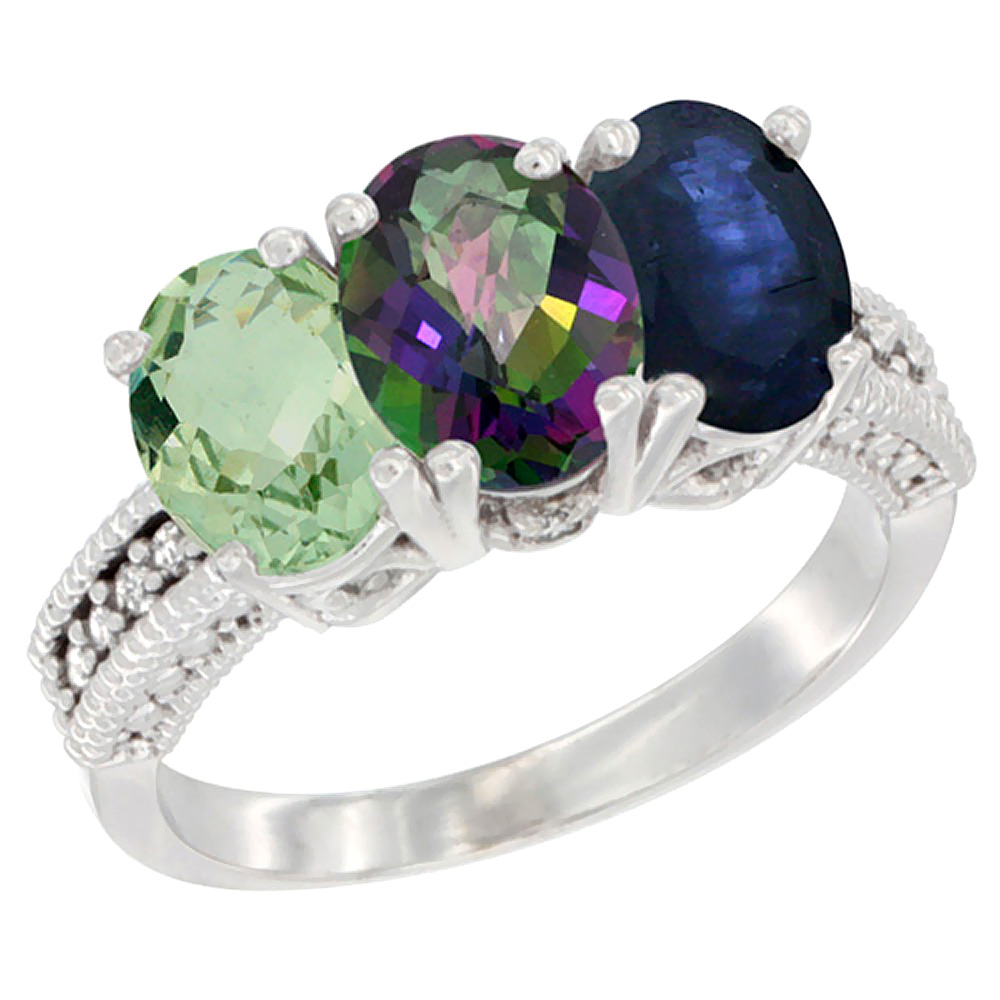 14K White Gold Natural Green Amethyst, Mystic Topaz &amp; Blue Sapphire Ring 3-Stone 7x5 mm Oval Diamond Accent, sizes 5 - 10