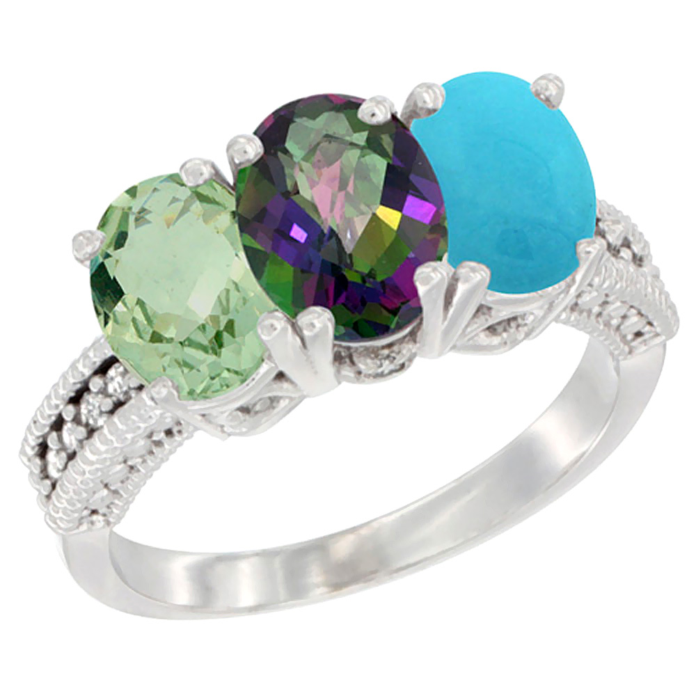 10K White Gold Natural Green Amethyst, Mystic Topaz &amp; Turquoise Ring 3-Stone Oval 7x5 mm Diamond Accent, sizes 5 - 10