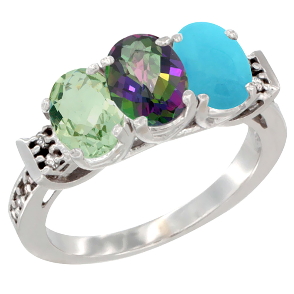 10K White Gold Natural Green Amethyst, Mystic Topaz &amp; Turquoise Ring 3-Stone Oval 7x5 mm Diamond Accent, sizes 5 - 10