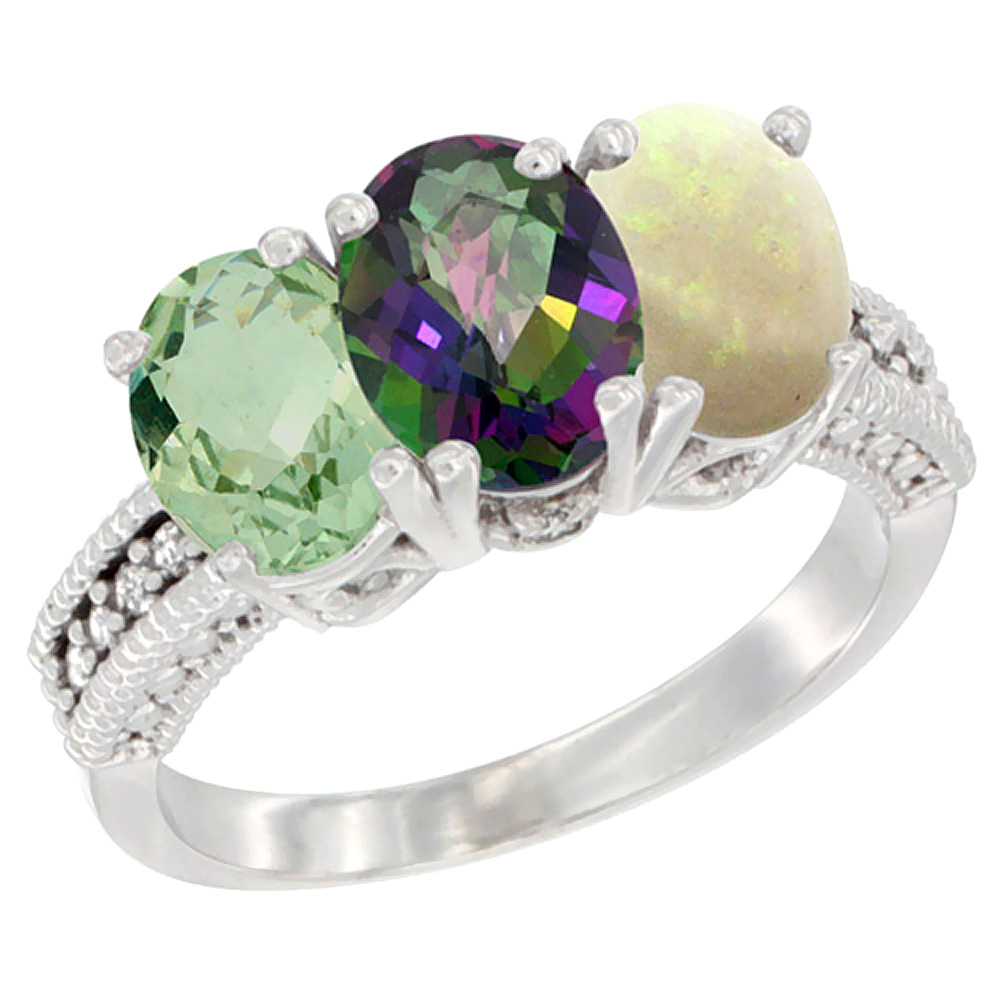 10K White Gold Natural Green Amethyst, Mystic Topaz &amp; Opal Ring 3-Stone Oval 7x5 mm Diamond Accent, sizes 5 - 10