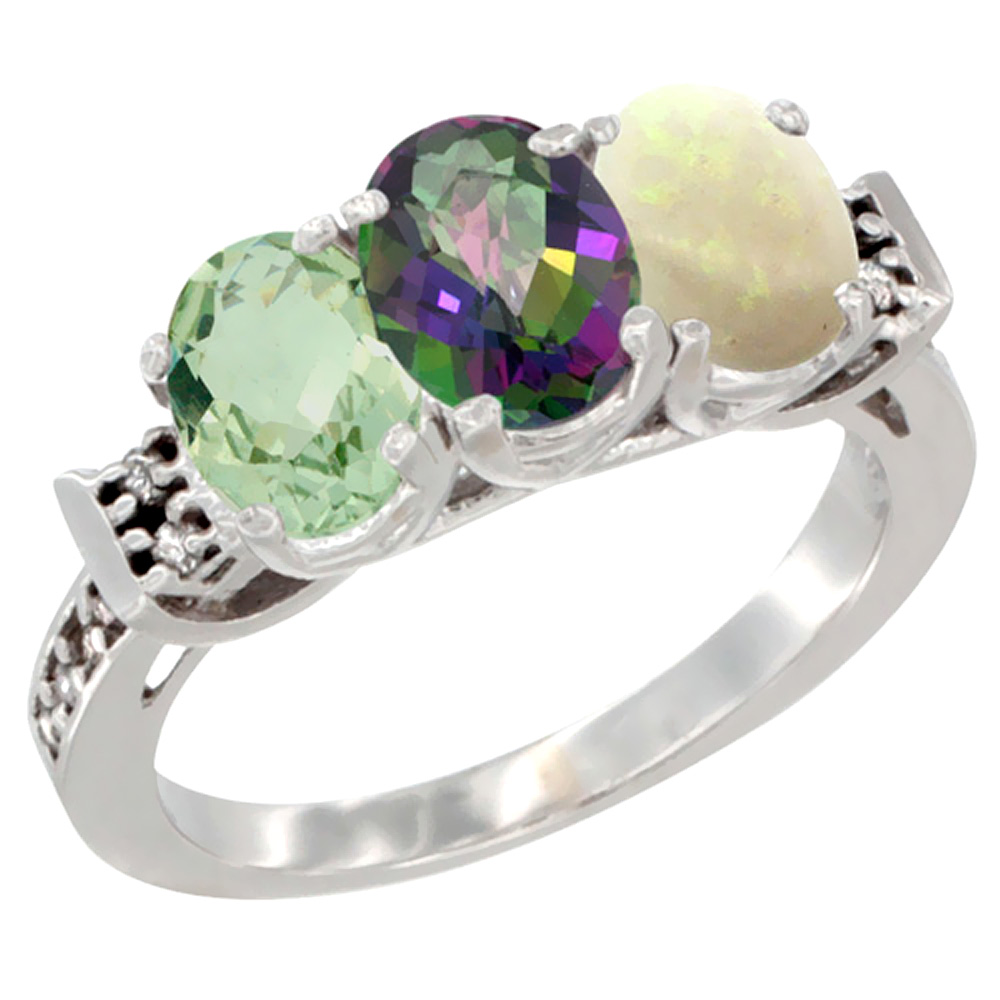 14K White Gold Natural Green Amethyst, Mystic Topaz &amp; Opal Ring 3-Stone 7x5 mm Oval Diamond Accent, sizes 5 - 10