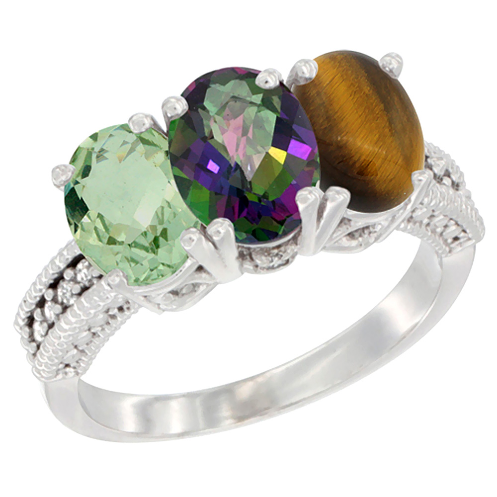 14K White Gold Natural Green Amethyst, Mystic Topaz &amp; Tiger Eye Ring 3-Stone 7x5 mm Oval Diamond Accent, sizes 5 - 10