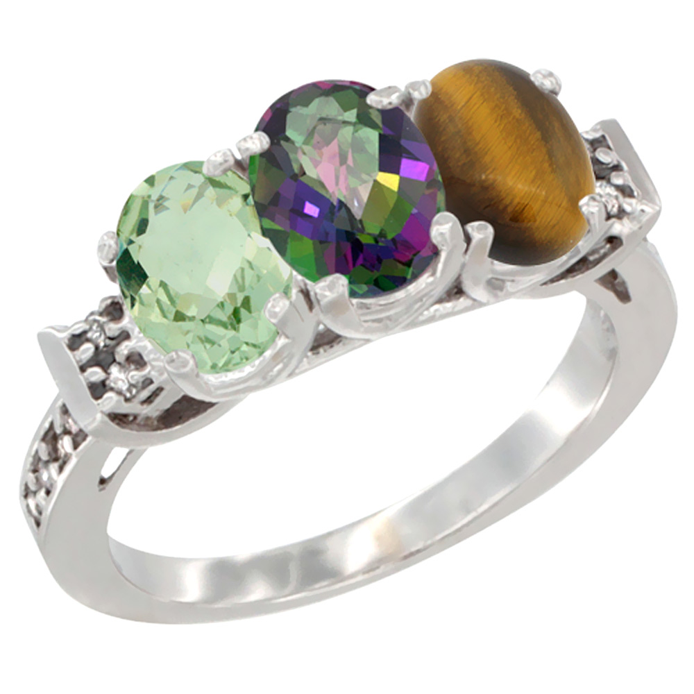 10K White Gold Natural Green Amethyst, Mystic Topaz &amp; Tiger Eye Ring 3-Stone Oval 7x5 mm Diamond Accent, sizes 5 - 10