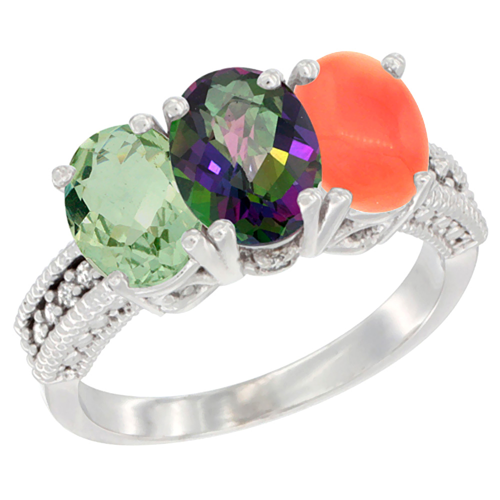 14K White Gold Natural Green Amethyst, Mystic Topaz & Coral Ring 3-Stone 7x5 mm Oval Diamond Accent, sizes 5 - 10